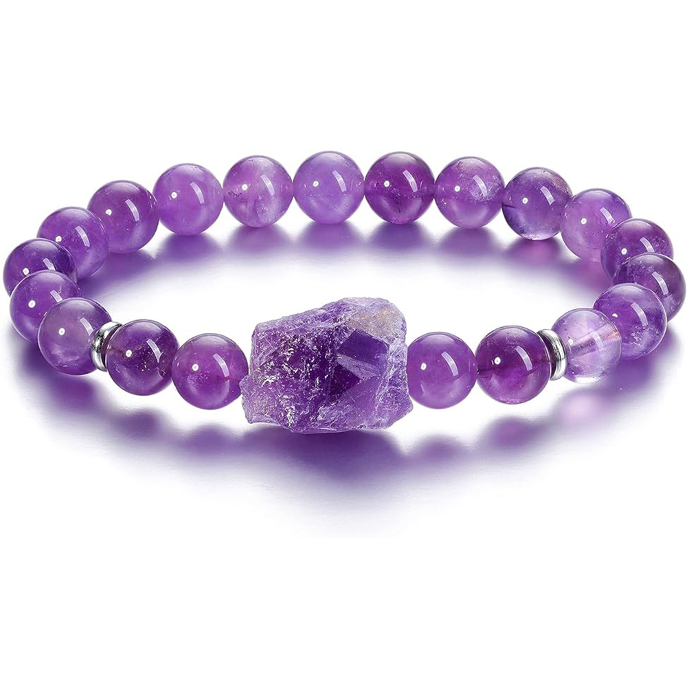 Amethyst stone beads bracelet European and American cross-border new irregular original stone couple good luck elastic rope men and women bracelet
