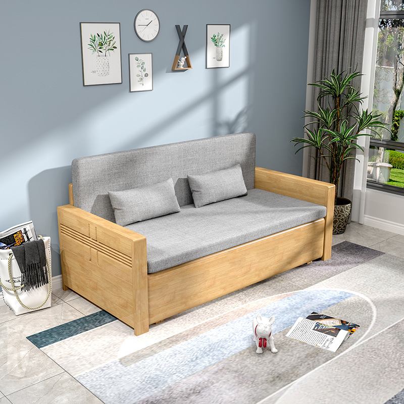 Plegable de madera maciza nórdica sofá cama pequeño apartamento moderno simple multifuncional Individual Doble sala de estar de doble uso muebles perezosos