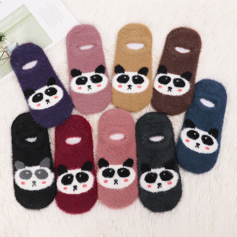 Mink velvet socks women's short socks spring and autumn warm floor socks cute cartoon panda furry socks wholesale