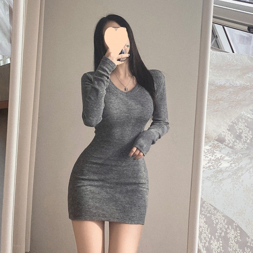 Pure desire style all-matching elastic slim collar dress for women in spring and autumn new style temperament long-sleeved inner package hip skirt