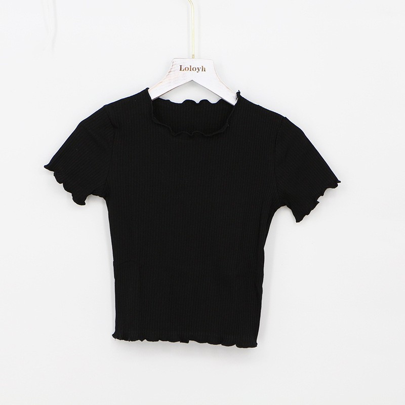 Verano camiseta de hielo de manga corta de punto de tela delgada de la mujer de cintura alta cintura corta ombligo de la clavícula delgada