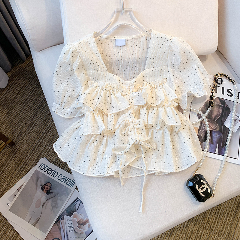 Real shot in stock summer and autumn New Design Princess chiffon shirt polka dot ruffled Western style top for women Real shot in stock summer and autumn New Design Princess chiffon shirt polka dot ruffled Western style top for women
