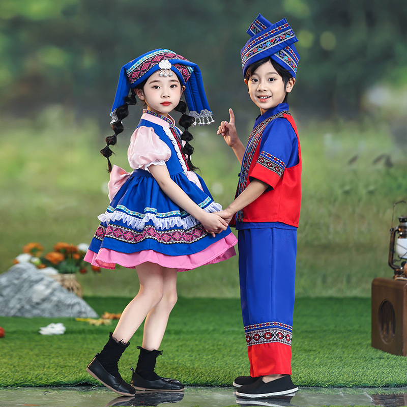 三月三壮族服装儿童洛丽塔公主裙少数民族男女童表演服舞蹈演出服