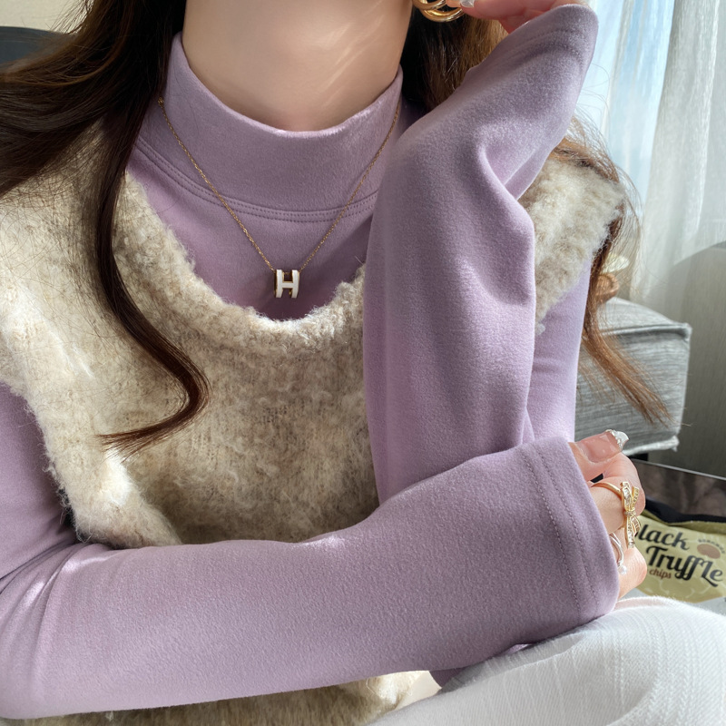 秋冬加绒磨毛半高领打底衫女内搭2025新款紫色德绒加厚设计感上衣|undefined