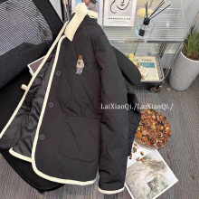 小熊刺绣菱格羽绒棉服女冬季宽松小个子棉袄撞色拼接翻领棉衣外套