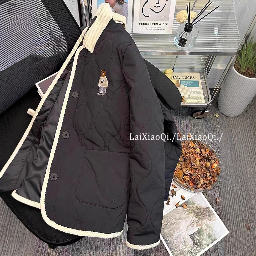 小熊刺绣菱格羽绒棉服女冬季宽松小个子棉袄撞色拼接翻领棉衣外套