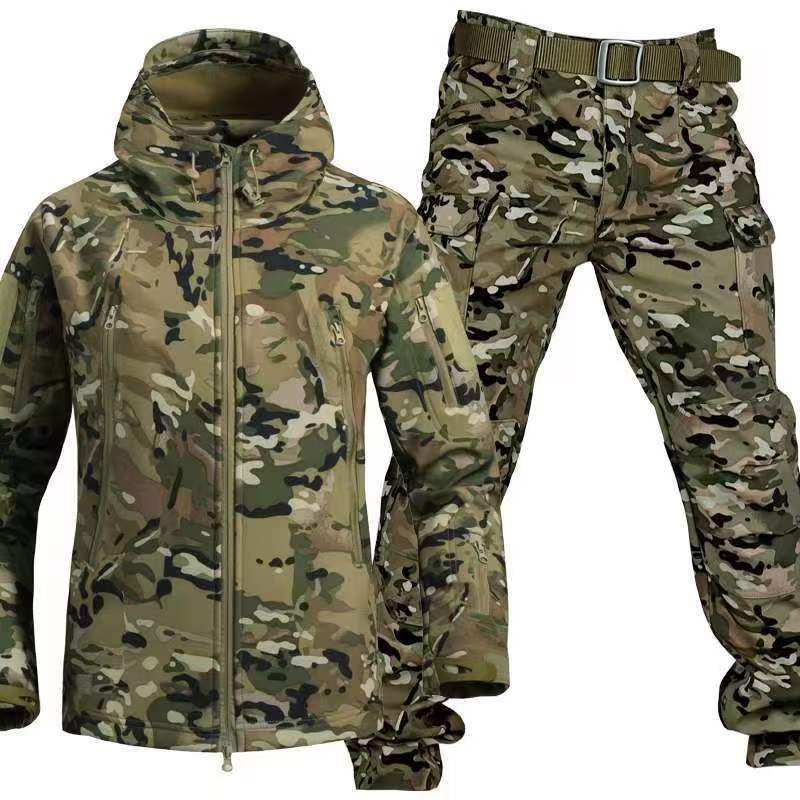 Cross-Border Wholesale Outdoor Sharkskin Softshell Jacket Set, Unisex Camouflage Jacket with Fleece Lining