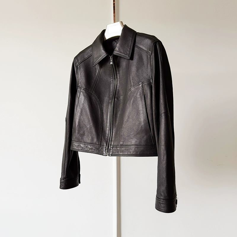 Женская кожаная куртка европейского genu ine leather короткая весна 2026 новая овчина Slim универсальная куртка с воротником лацканом