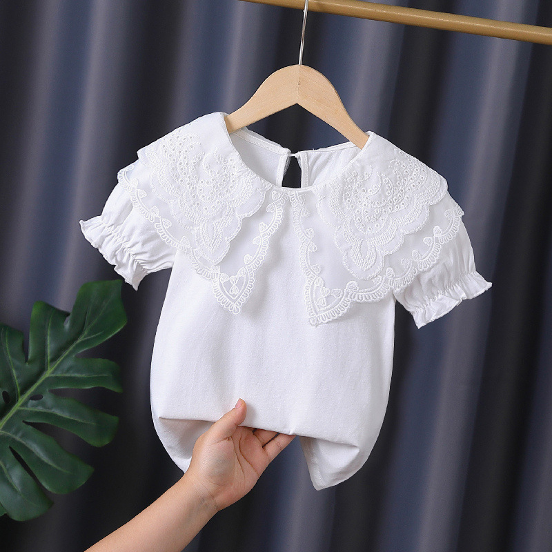 High-end girls' summer top, pure cotton, thin, short-sleeved, white, doll-like lace collar, little girl's summer T-shirt 7