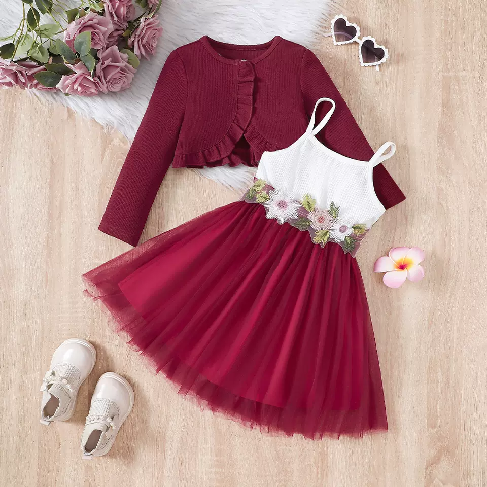 Girls Red Tulle Dress with Floral Belt