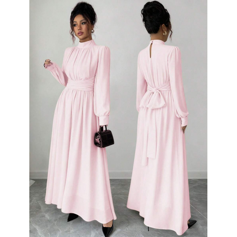 Cross-Border Amazon European and American Summer Elegant Stand-Collar Tie-Waist A-Line Slimming Long-Sleeve Ultra-Long Dress Cross-Border Amazon European and American Summer Elegant Stand-Collar Tie-Waist A-Line Slimming Long-Sleeve Ultra-Long Dress