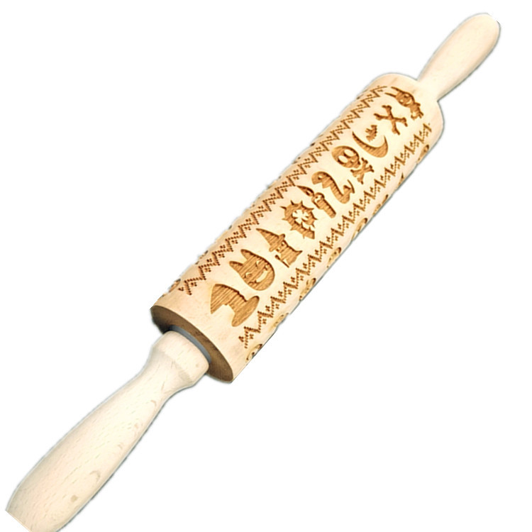Madera Rolling pin haya grabado láser impresión Rolling pin relieve Rolling pin cuero Navidad fondant galleta presionando palo