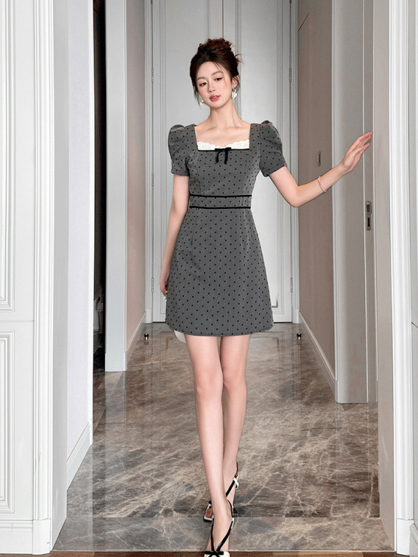 miu グレー水玉ウエストスクエアカラードレス女性の夏の韓国スタイルスリム気質小さな A ヘムスカート 61777|undefined