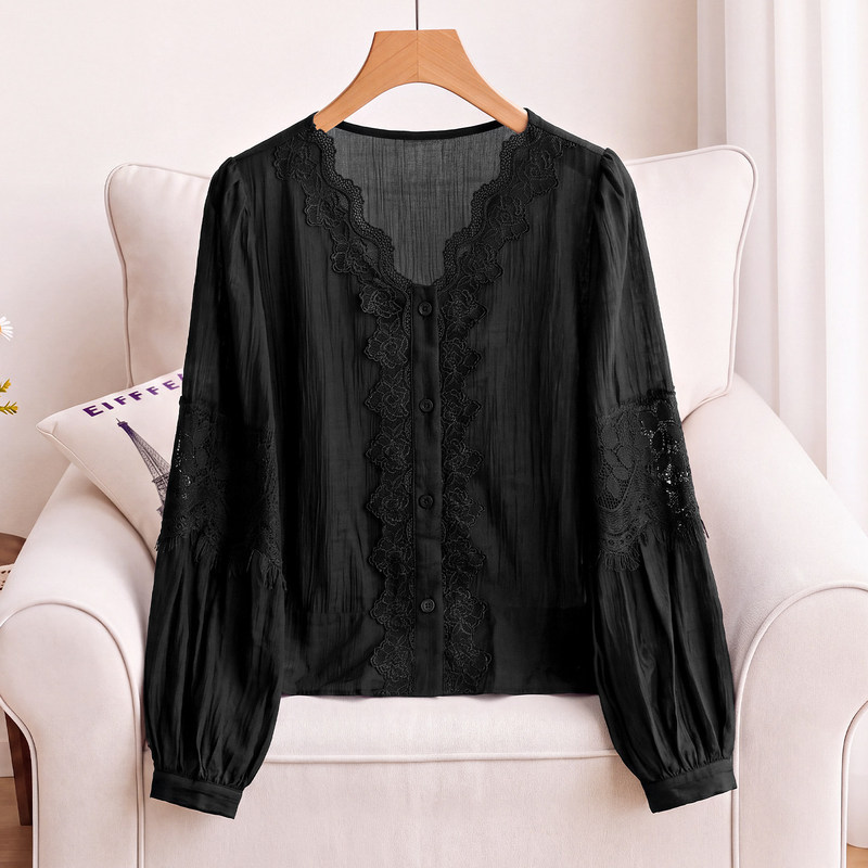 Lyocell black lace trim thin shirt for women, summer 2026 autumn new style, long-sleeve V-neck cardigan, loose top Lyocell black lace trim thin shirt for women, summer 2026 autumn new style, long-sleeve V-neck cardigan, loose top