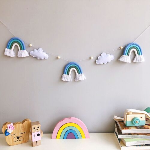ins decoration Nordic style clouds rainbow wooden beads hanging decorations children's room crib tent bed curtain decoration