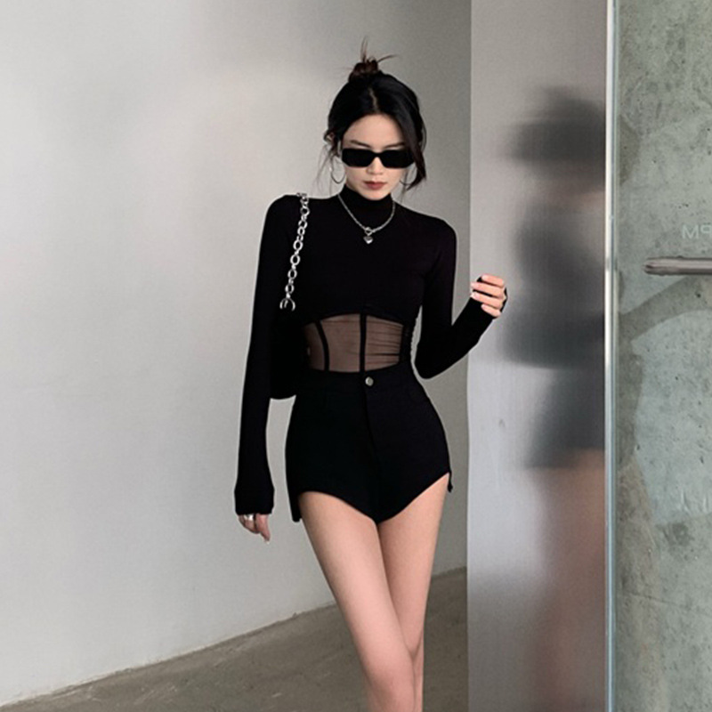 Spring and Autumn Tight Short Pure Style Top Design Sense Mesh Stitching Long Sleeve T-Shirt Base Shirt Women's ins Fashion