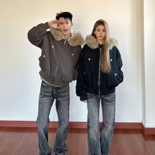 潮牌情侣派克服短款羽绒棉服仿兔毛大毛领连帽棉衣冬外套美式复古