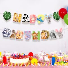 国境を越えた動物の子供たちの誕生日飾り旗「happybirthday」装飾小道具バナー誕生日パーティー