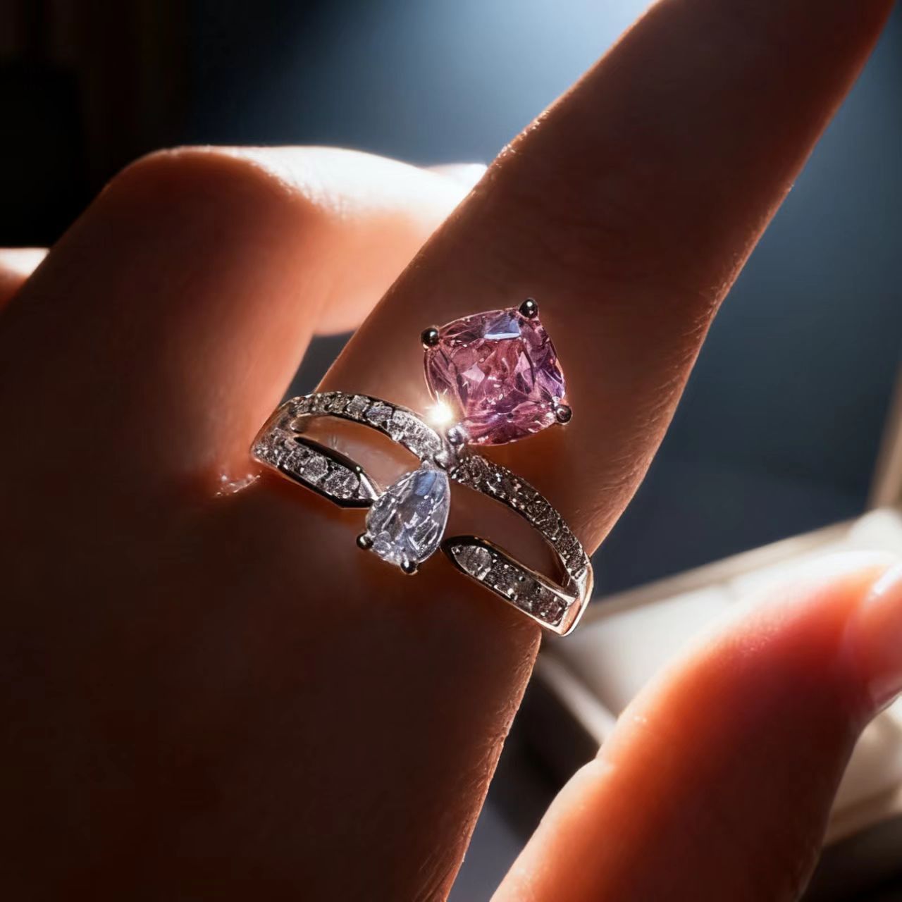 Crown Ring Double Layer Stacked Square Diamond Adjustable Women_voghion.com