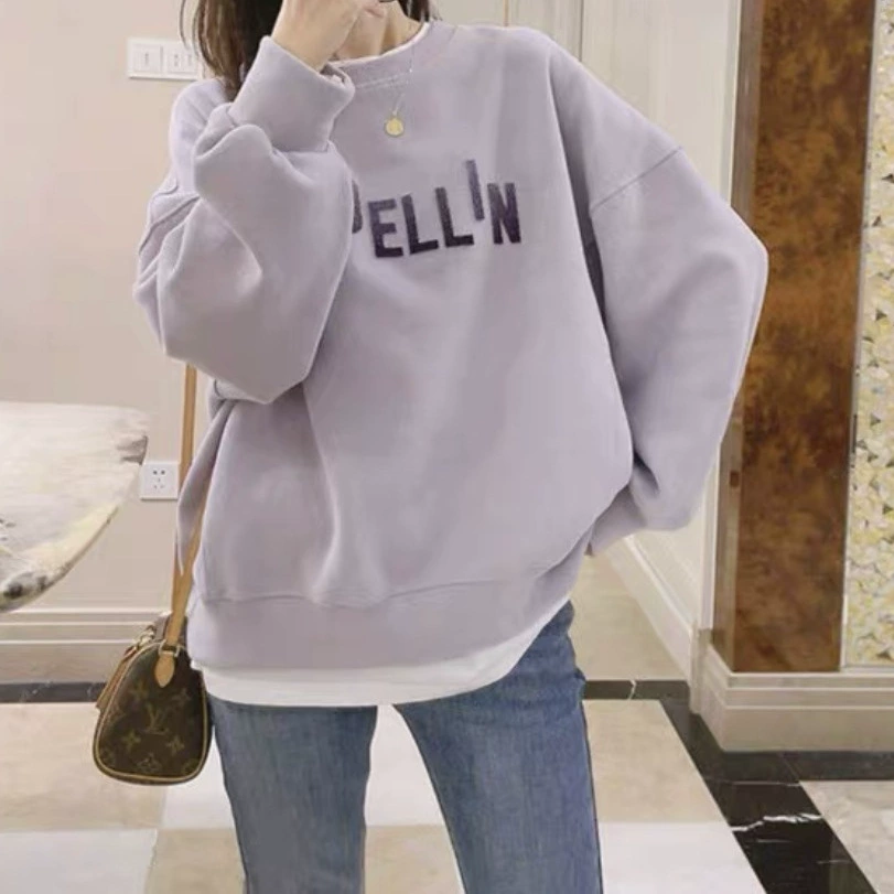 Толстовка с круглым воротником леди осень зима 2024 новый свободный большой размер толстый бархатный толстый топ прилив повседневное пальто