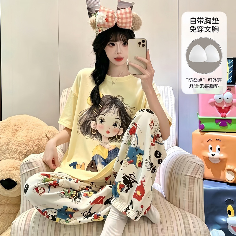 2026 Women's Summer Pajamas with Breast Pads, Short-Sleeved Pants, Sweet Cartoon Girl Korean Style Printed Home Wear Set