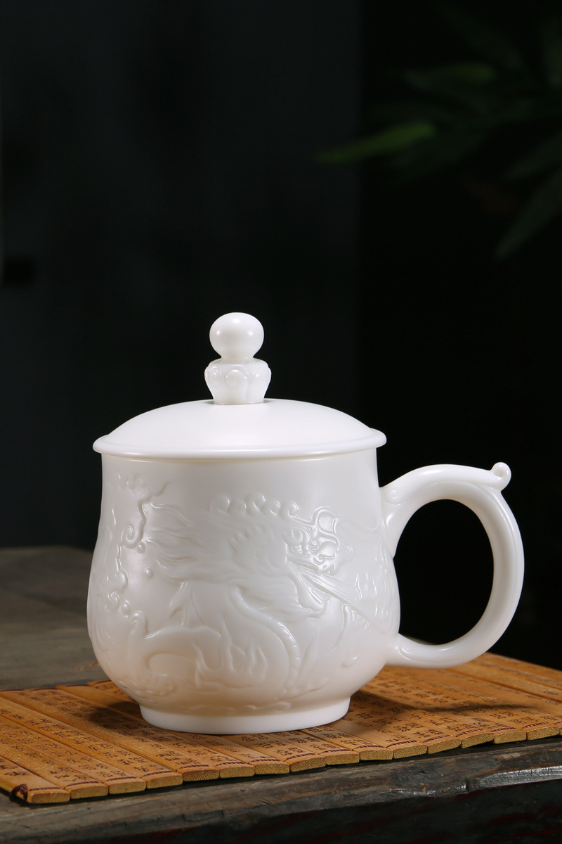 Barro sabor grasa de oveja Jade porcelana blanca cayendo Dragón shengshi Oficina grande Taza agua cerámica con tapa regalo empresa taza té