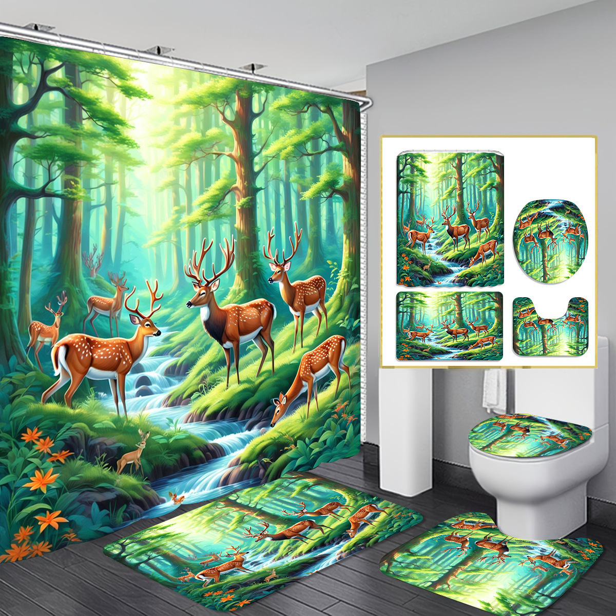 Fuente de fabricantes de cortina de baño transfronteriza de Navidad cuatro piezas cortina de partición de impresión digital vestido de baño