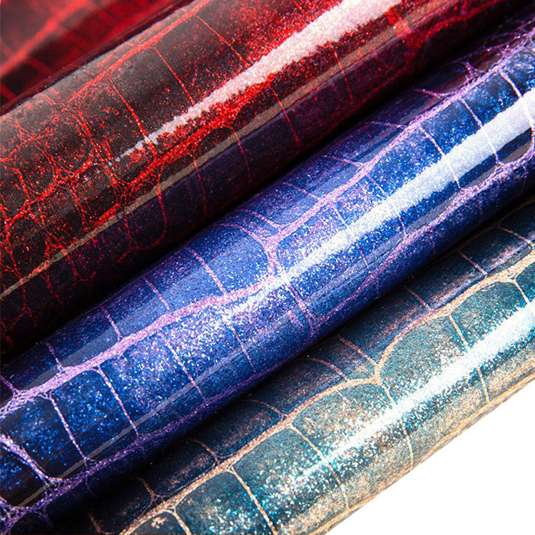 厂家批发环保金葱闪粉格利特皮革鳄鱼纹印花鞋材超纤革箱包装饰