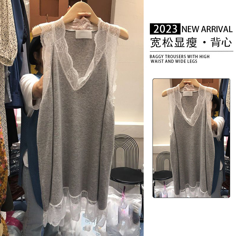 Korean Dongdaemun Lace Trim Sleeveless Tank Top for Plus-Size Women 150kg Large Size Slim V-Neck Camisole Outerwear Trendy