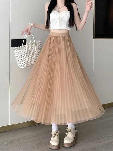 Drop-shoulder Mesh Half-length Skirt for Women 2025 Spring and Autumn Double-layer Pleated Word Skirt High-waisted Slimming Lightweight Mesh Skirt