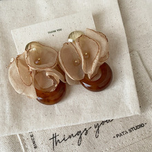 设计感雪纺花朵咖色树脂耳钉女美拉德轻奢复古时尚潮流耳环耳饰