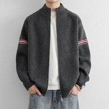 韩版撞色条纹立领开衫毛衣男装秋冬季复古高级感双拉链针织衫外套