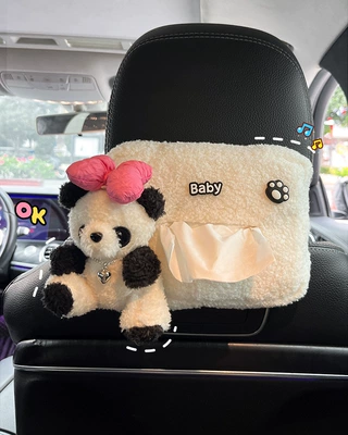 Car Tissue Box Cute Cartoon Doll Internet Celebrated Panda Car Tissue Bag Car Modification Sun Visor Tissue Box (Car tissue box/set) - plush-tissue-bag-pink-bow-panda