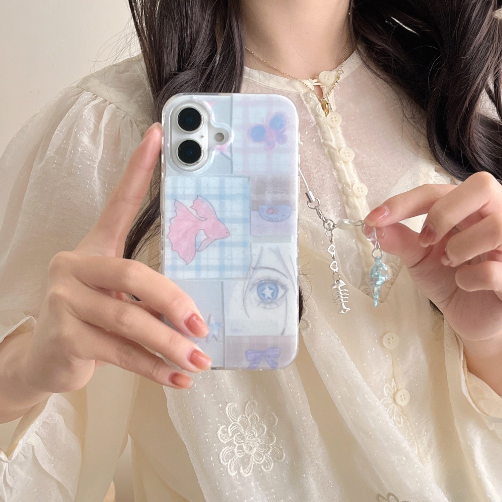 Costuras a cuadros Goldfish Blue Tears Adecuado para Apple 16ProMax Funda para teléfono móvil 15Pro Colgante 14/13 Mujer 15PM