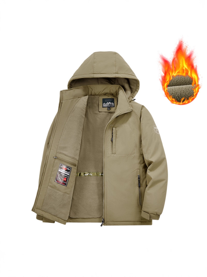 Men's Winter Jacket, Fleece-Lined, Thickened, Mid-Length, Outdoor Workwear, with Pockets, Cross-Border Cotton Clothing, in Stock