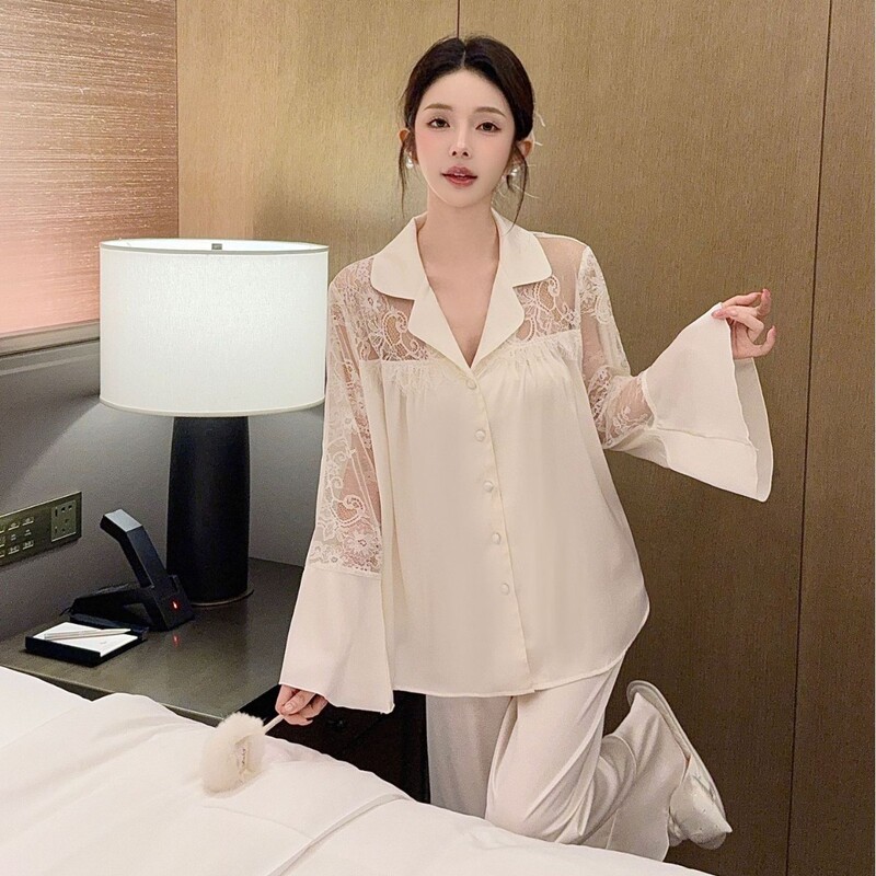 Exquisite French Palace-Style Long-Sleeved Ice Silk Pajamas for Women, Spring and Autumn Pure Lust Lace Hollow-Out Design Home Wear