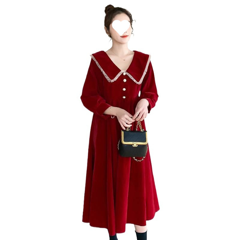 Plus Size Maternity Red Dress Wedding Bride Toast Dress Fashionable Velvet A-Line Autumn and Winter Wear 150kg