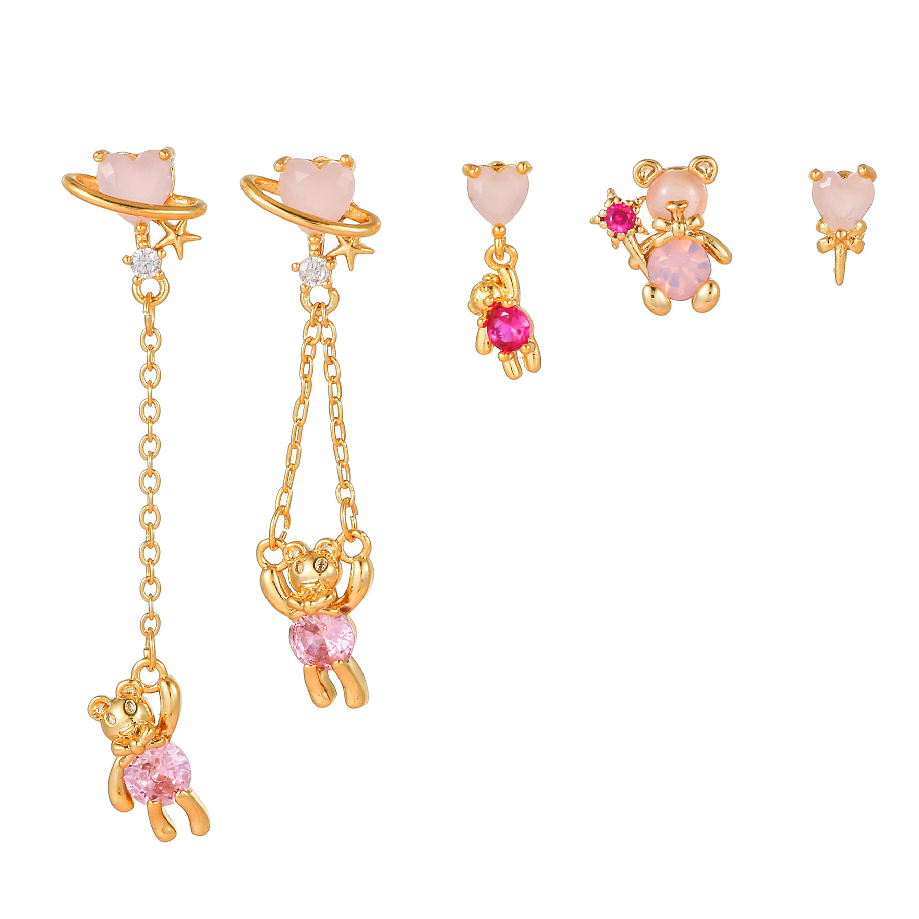 Sweet Bear Heart Shape Brass Drop Earrings Earrings Ear Studs Plating Zircon Copper Earrings display picture 5
