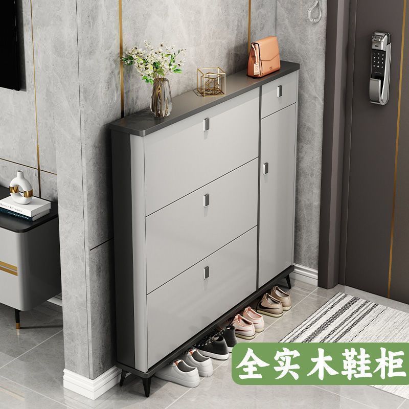 Italian-Style All-Solid Wood Ultra-Thin Shoe Cabinet with Large Capacity, Flip-Up Drawer, Small Apartment, Inclined Entryway