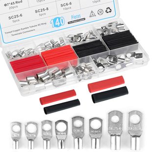 140-teiliges Rohrkabelschuhe-Set – Verzinnte Kupferklemmen 6–25 Mm² Mit M6/M8, Inkl. 70 Schrumpfschläuche 2:1, Praktische Box Für Sichere Verbindungen