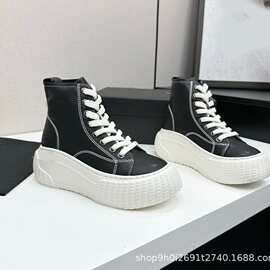 松糕厚底增高牛皮鞋女高帮鞋2025新款夏秋季潮酷休闲板鞋小众短靴