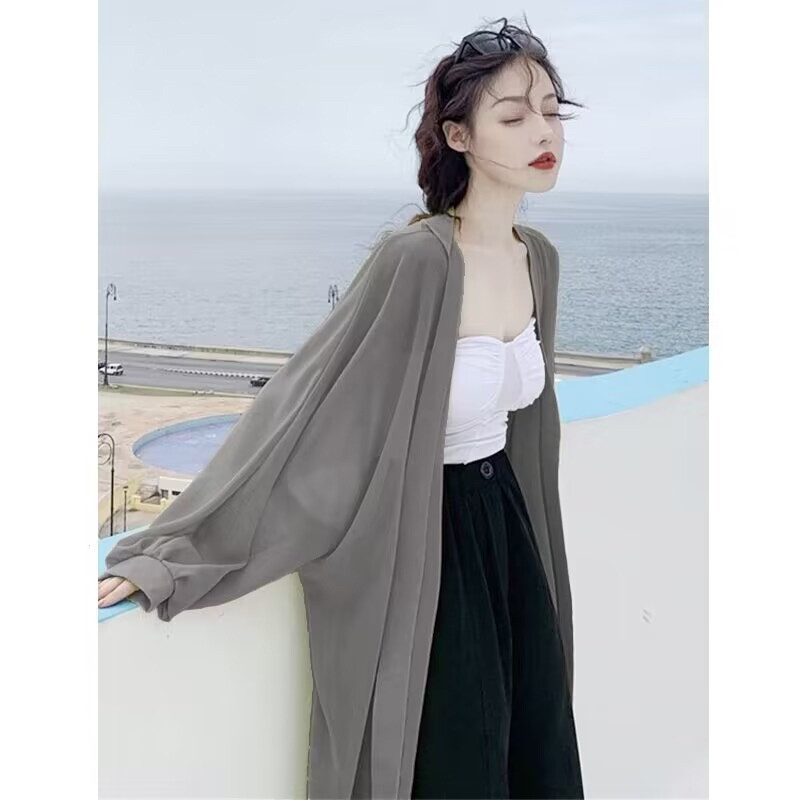Ice Silk Long Sun Protection Cardigan Outer Wear Women's Summer Shirt Thin Gauze Blouse Shawl Casual Jacket Top