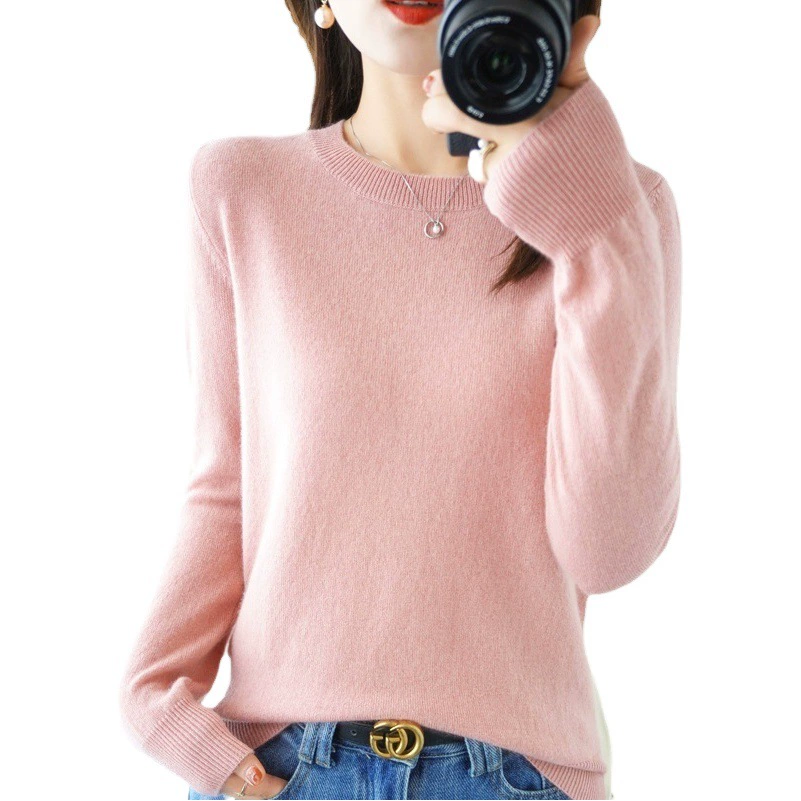 Осенне-Зимний пуловер, свитер, женский свободный вязаный свитер с круглым вырезом, однотонная Базовая рубашка больших размеров с длинным рукавом, универсальный короткий топ
