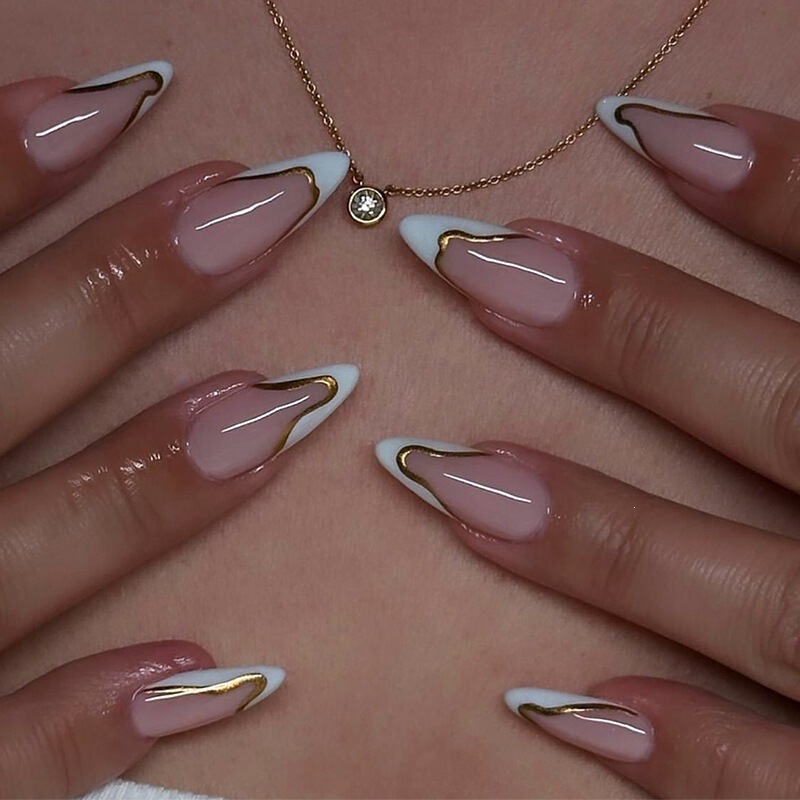 Wearable Almond Nails with a High-End French Style, Gold-Edged Irregular Nail Art, Press-On Nails