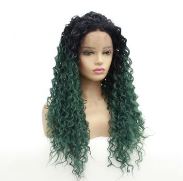 Peruca de encaje frontal europea y americana peruca de dama verde gradiente medio rizado LW0225