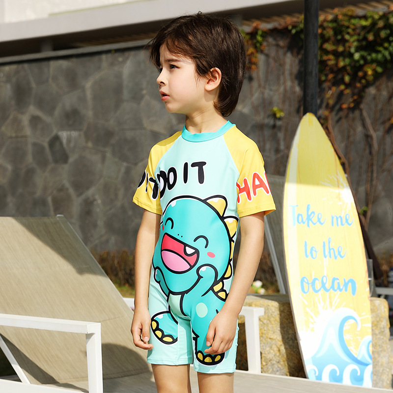 Boys' swimsuit one-piece dinosaur pattern swimsuit free swimming cap baby beach sun protection swimming cartoon quick-drying boy swimsuit