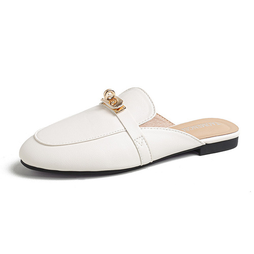 【Su Yinyin's Same Style】 Must Buy for Detailers_Classic Lock Buckle Genuine Leather Toe Half Slide Women's Mules Outdoor Slippers 