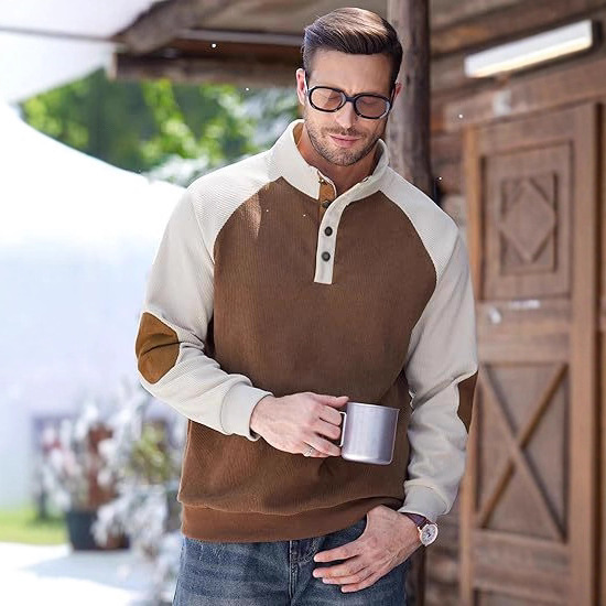 2025春秋新款跨境欧码男士夹克插肩袖休闲立领宽松灯芯绒拼色卫衣