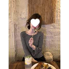 2支纯棉拉架条纹】小喇叭中袖船领显瘦百搭通勤设计感上衣