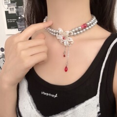 法式清冷感双层串珠鸢尾花流苏项链女锁骨链复古气质日常百搭配饰